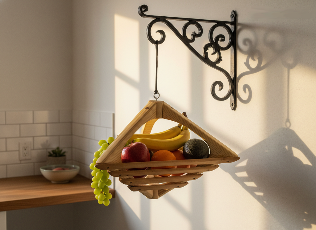 Corbeille à Fruits Suspendue Artisanale en Bambou et Bois Massif - H34cm x L55cm