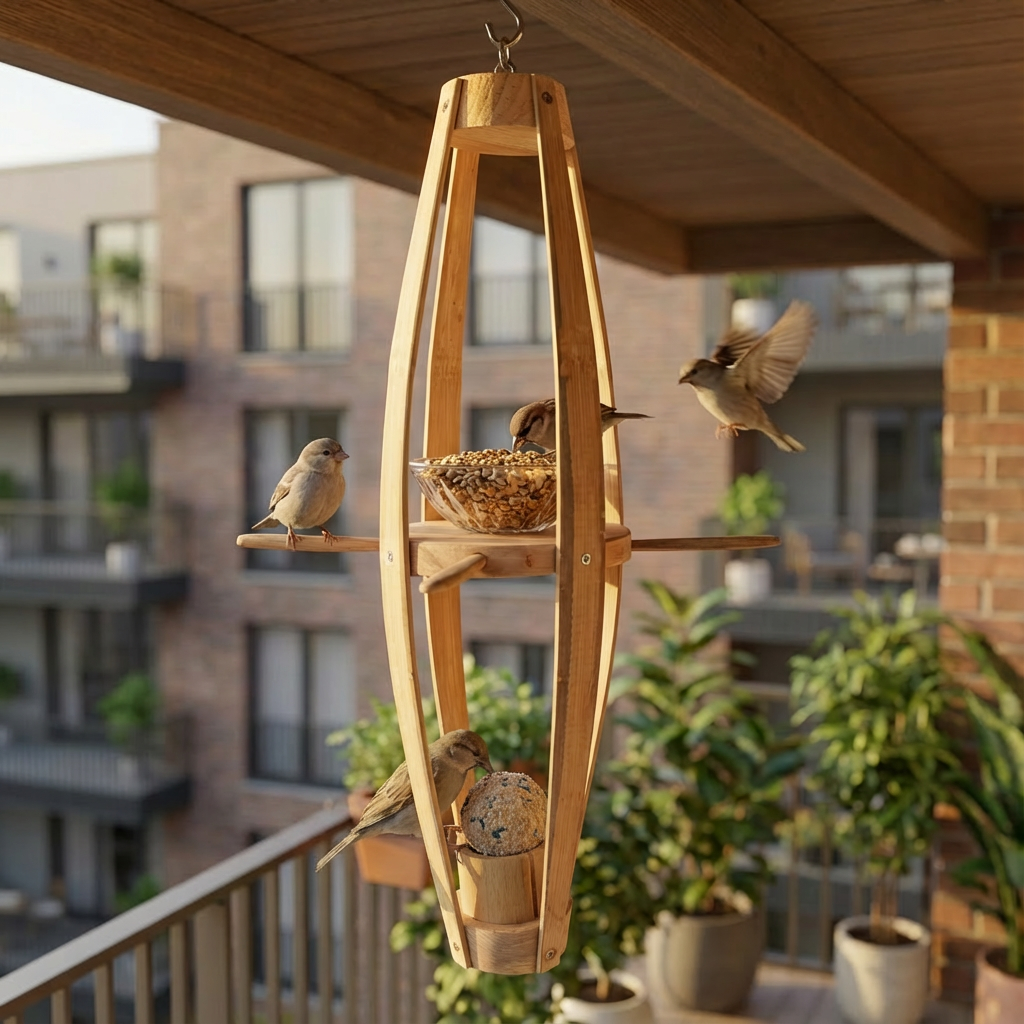 Harmonie Bambou – Mangeoire Artisanale Suspendue en Bois Naturel