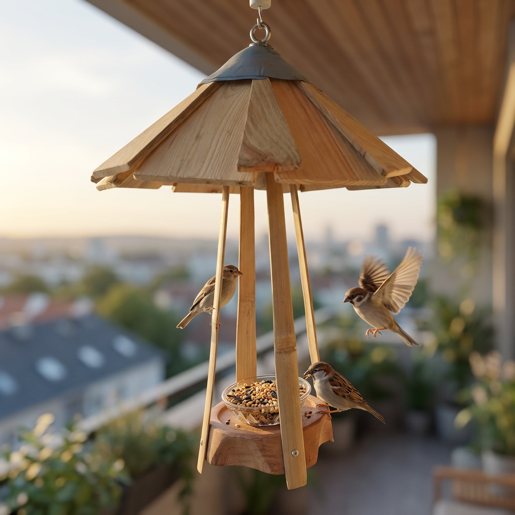 Pagode Bambou – Mangeoire Artisanale Suspendue avec Toit en Bardeaux de Bois