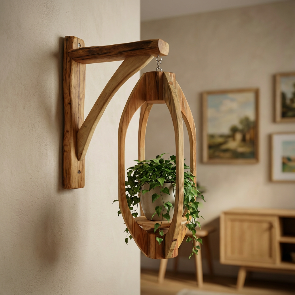 Suspension pour plantes en bois massif S034 - Design aérien - (H58cmxL29cm)