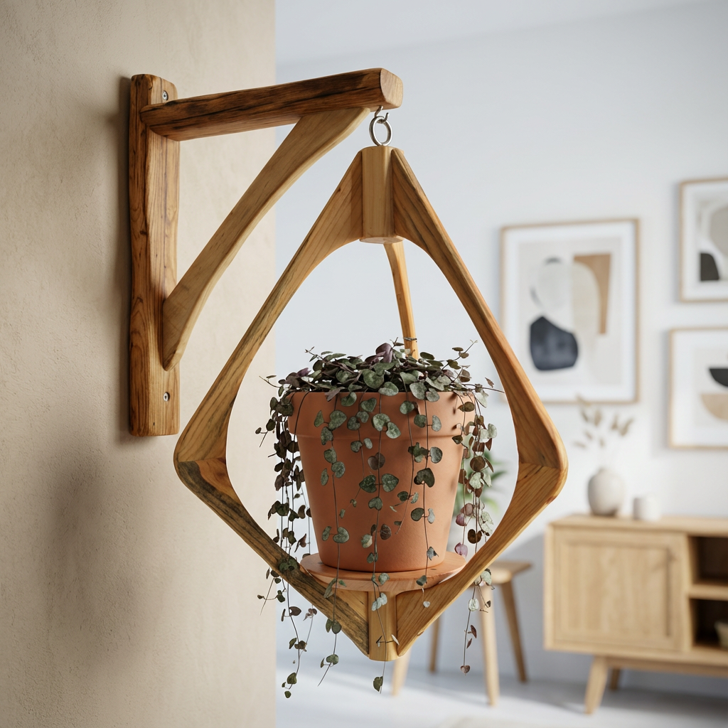 Suspension pour plantes en bois massif S035 - Design aérien - (H60cmxL42cm)