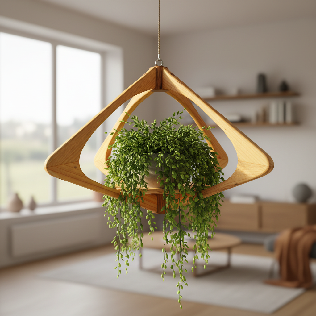 Suspension pour plantes en bois massif S036 - Design aérien - (H41cmxL65cm)