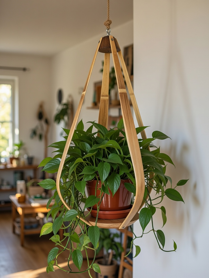 Suspension pour plantes Bambou & bois massif S040 - Design aérien - H56cm x L34cm