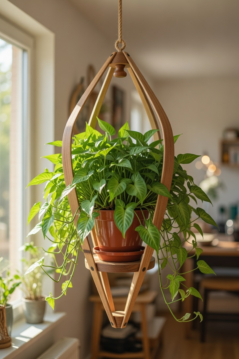 Suspension pour plantes Bambou & bois massif S042 - Design aérien - H70cm x L34cm