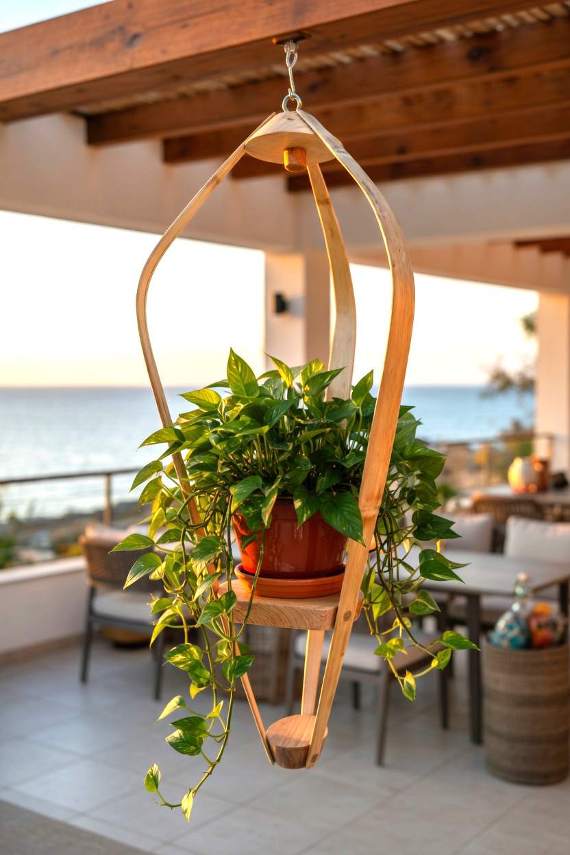 Suspension pour plantes Bambou & bois massif S043 - Design aérien - H75cm x L32cm