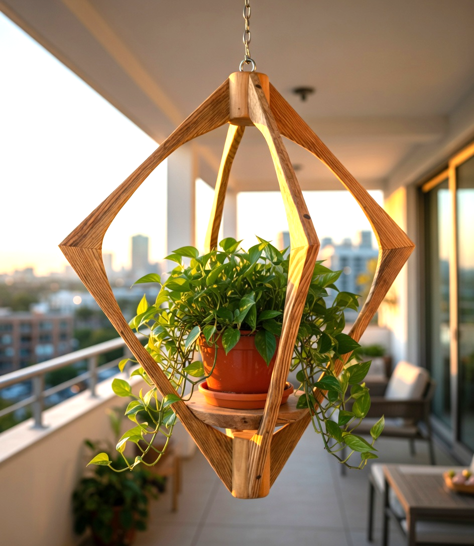 Suspension pour plantes en bois massif S045 - Design aérien - (H56cmxL48cm)