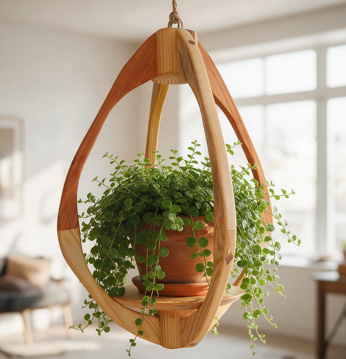Suspension pour plantes en bois massif S049 - Design aérien - (H51cmxL35cm) Souffle des Bois