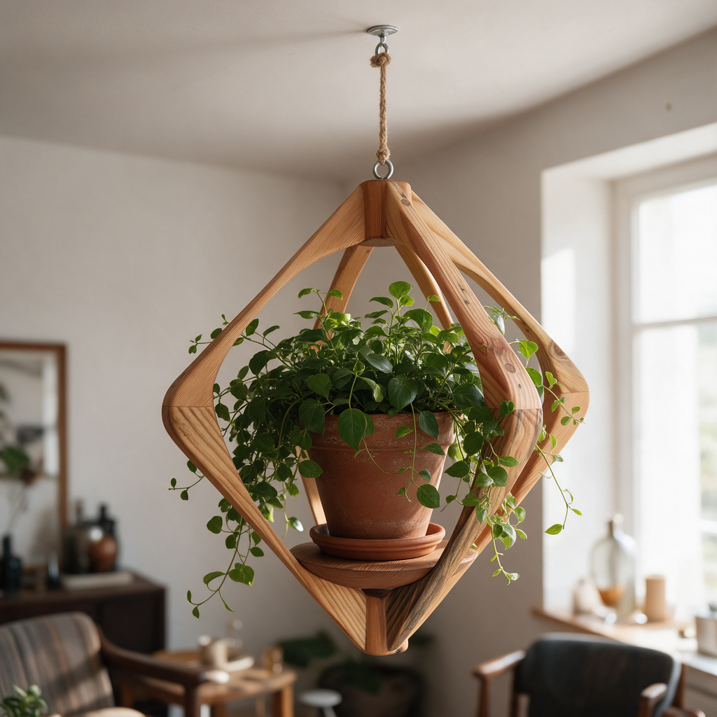 Suspension pour plantes en bois massif S050 - Design aérien - (H54cmxL46cm) Souffle des Bois