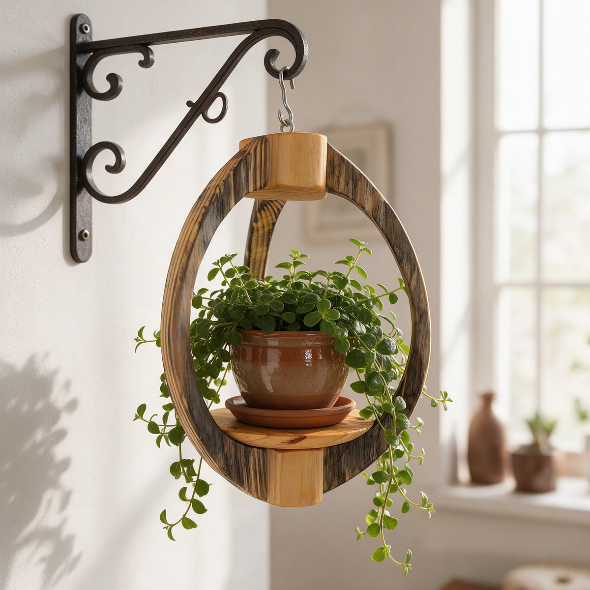 Suspension pour plantes en bois massif S052 - Design aérien - (H26cmxL18cm) Souffle des Bois