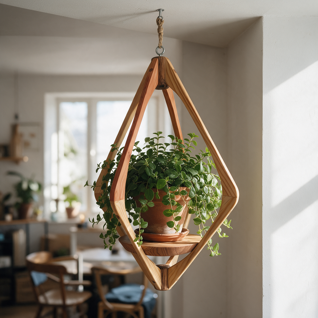 Suspension pour plantes en bois massif S053 - Design aérien - (H67cmxL40cm) Souffle des Bois