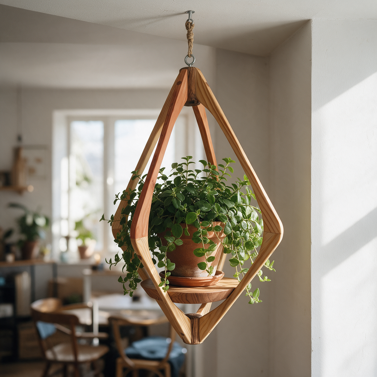 Suspension pour plantes en bois massif S053 - Design aérien - (H67cmxL40cm) Souffle des Bois