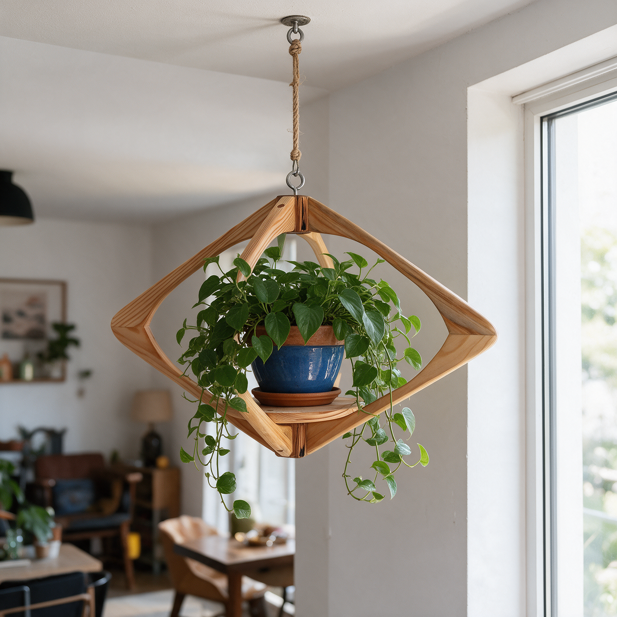 Suspension pour plantes en bois massif S054 - Design aérien - (H33cmxL52cm) Souffle des Bois