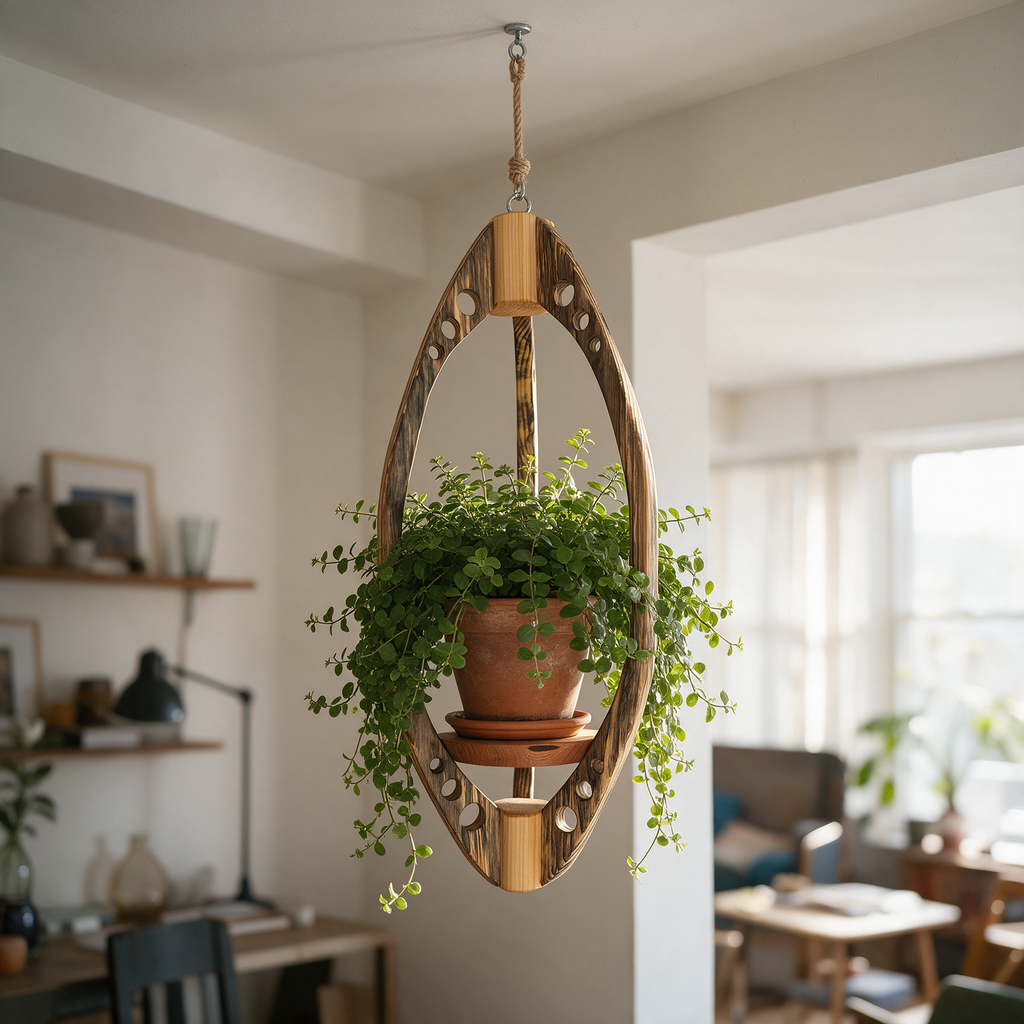 Suspension pour plantes en bois massif S055 - Design aérien - (H67cmxL26cm) Souffle des Bois