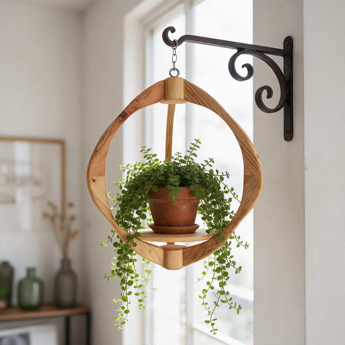 Suspension pour plantes en bois massif S056 - Design aérien - (H46cmxL36cm) Souffle des Bois