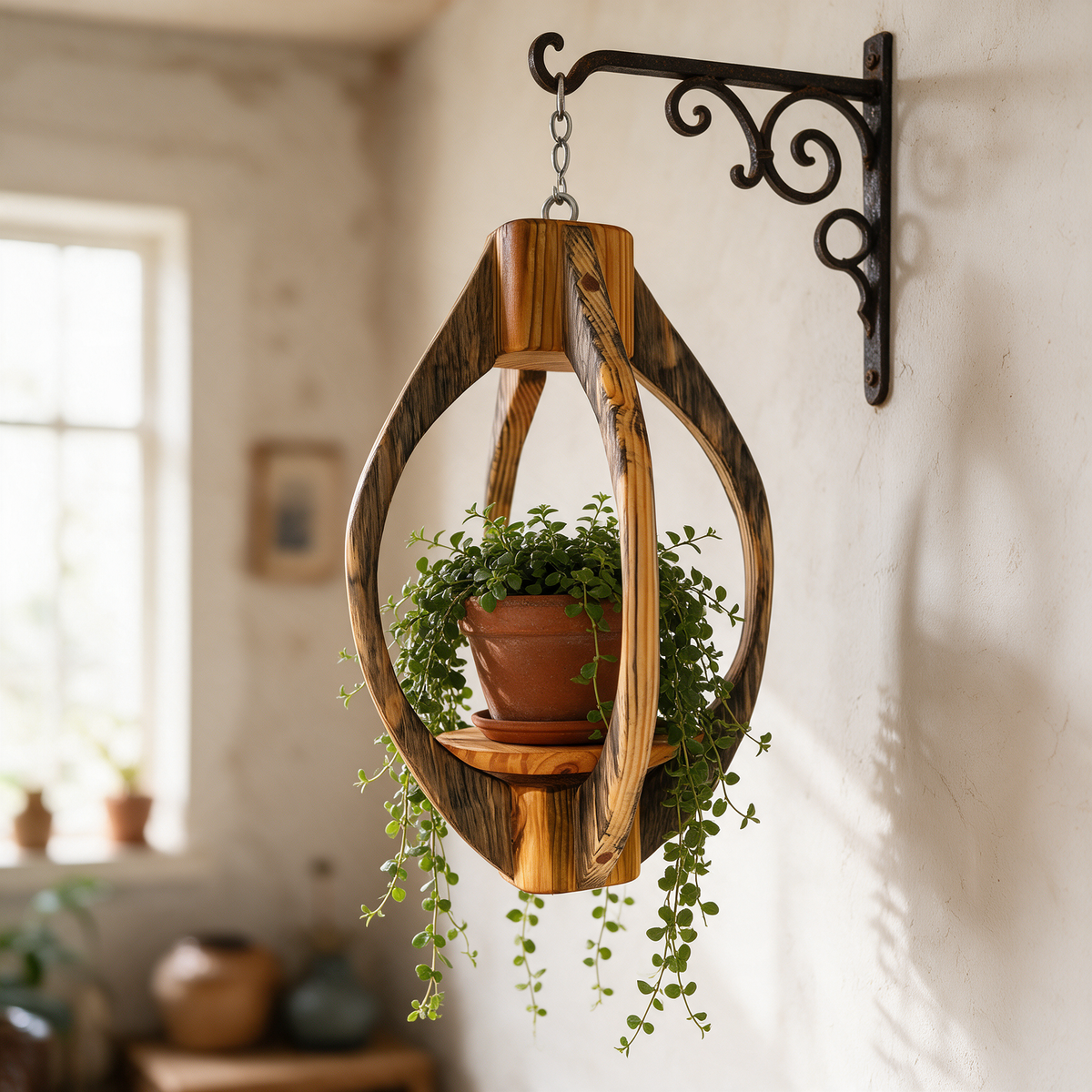 Suspension pour plantes en bois massif S057 - Design aérien - (H41cmxL26cm) Souffle des Bois