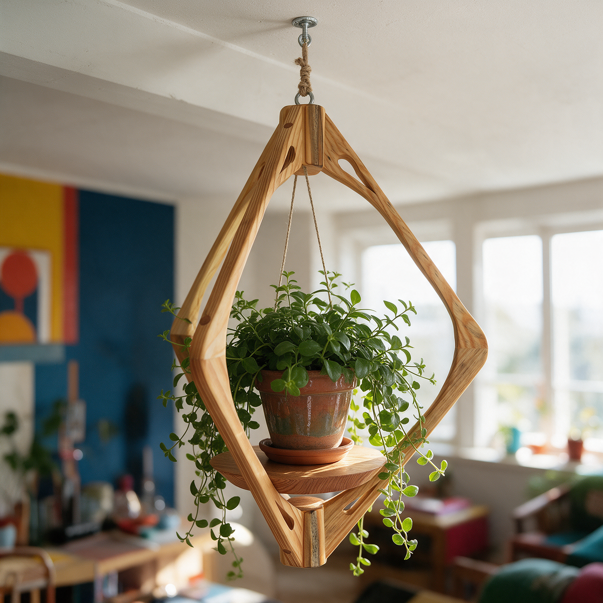 Suspension pour plantes en bois massif S058 - Design aérien - (H61cmxL43cm) Souffle des Bois