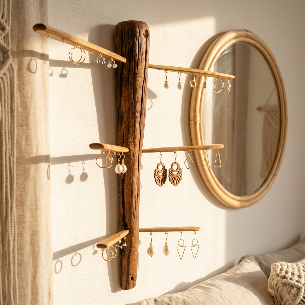 Porte boucles d'oreilles mural support châtaigner - 30 attaches- L44cm x H44cm