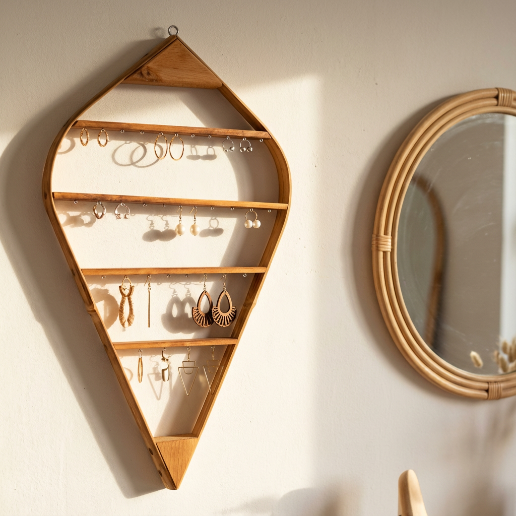 Porte boucles d'oreilles mural Bambou + Bois massif - 34 attaches- H67cm x L36cm