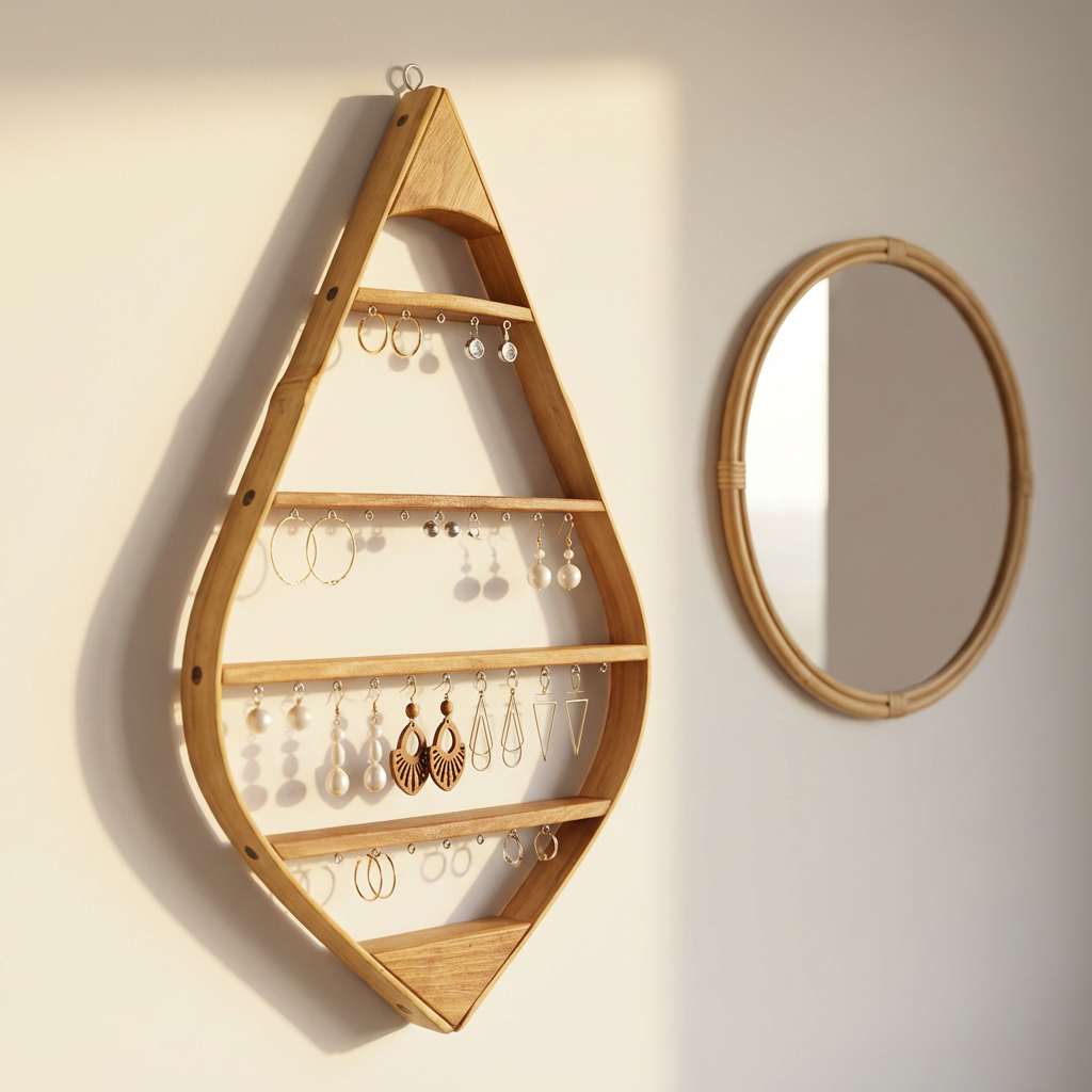 Porte boucles d'oreilles mural Bambou + bois massif - 30 attaches- H58cm x L33cm