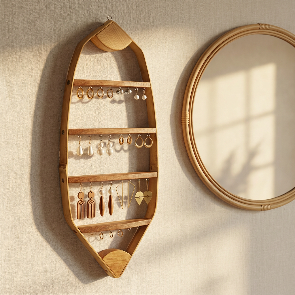 Porte boucles d'oreilles mural bambou + bois massif - 31 attaches- H68cm x L29cm